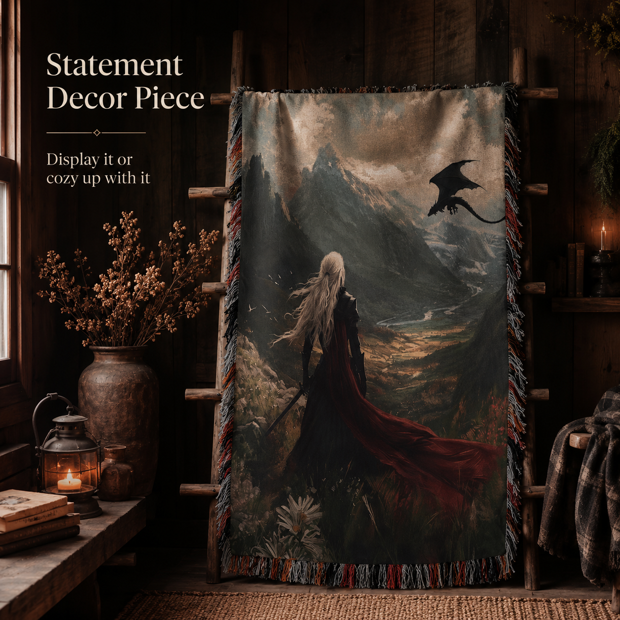 Fantasy woven blanket displayed as statement wall decor