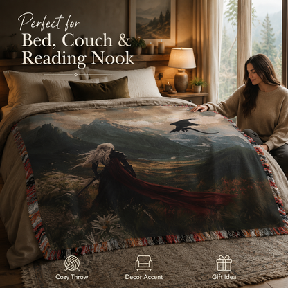 Woven blanket shown on a bed for size and styling