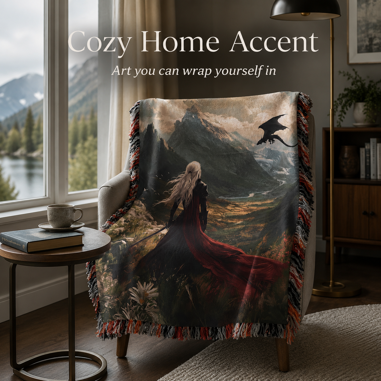 Woven blanket draped over an accent chair as home decor