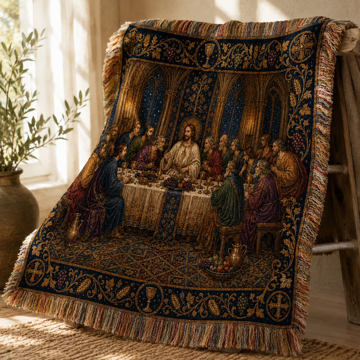 Sacred supper woven blanket folded as a gift